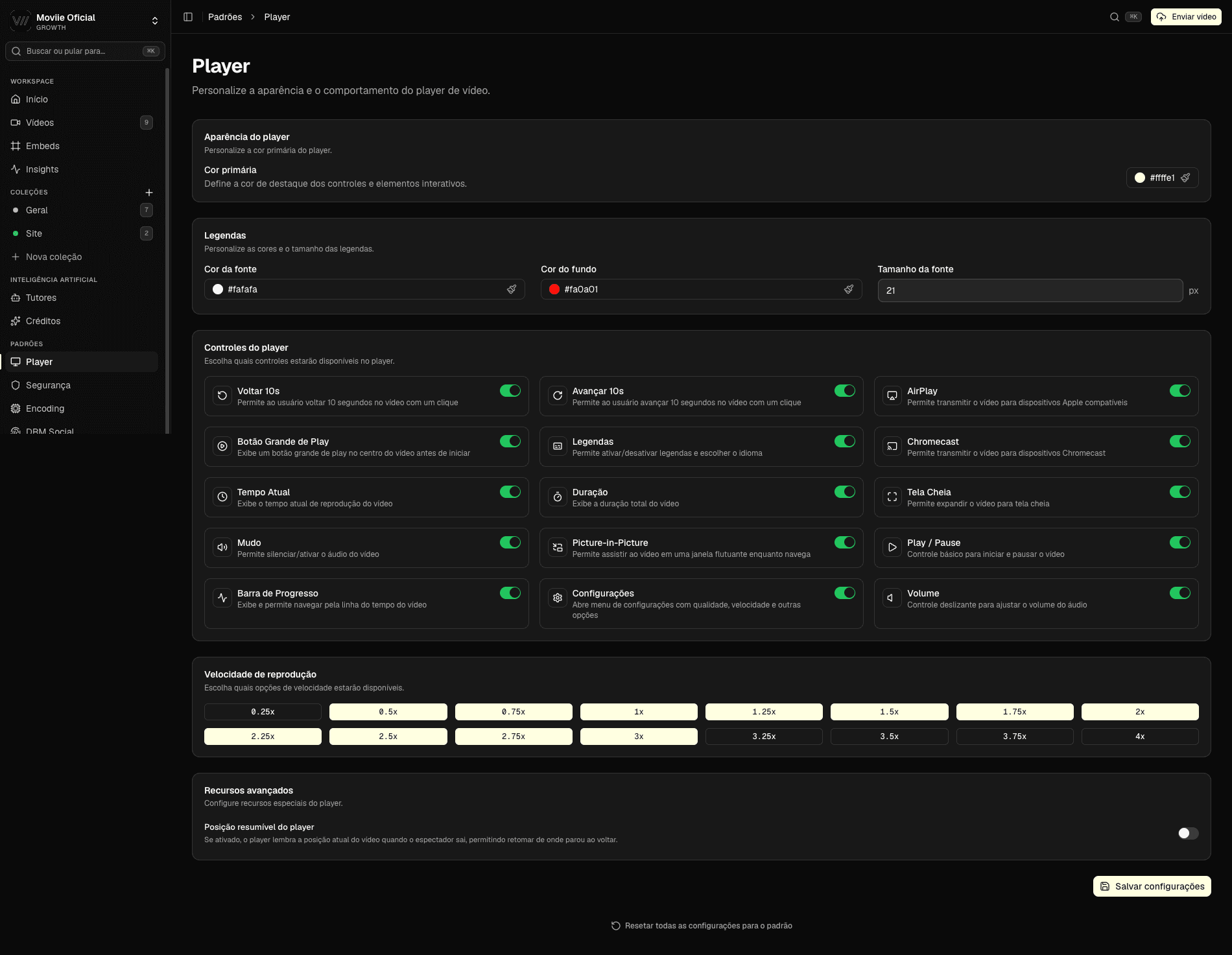 Painel de personalização do player da Moviie: cor primária, legendas, controles e velocidade