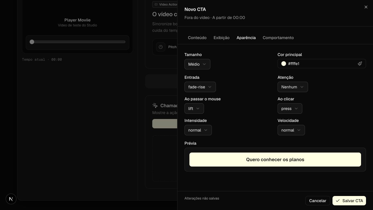 Tela real da Moviie com efeitos de entrada, atenção, hover e clique e a prévia do CTA
