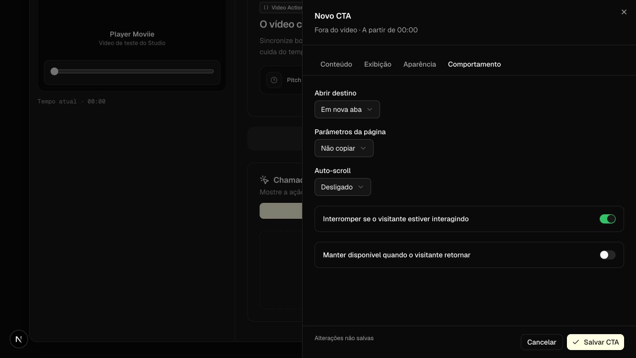 Tela real da Moviie com destino, parâmetros, auto-scroll e persistência do CTA