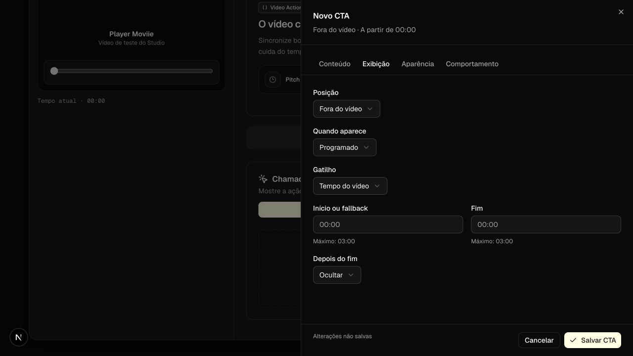 Tela real da Moviie com a posição Fora do vídeo e as opções de programação por tempo