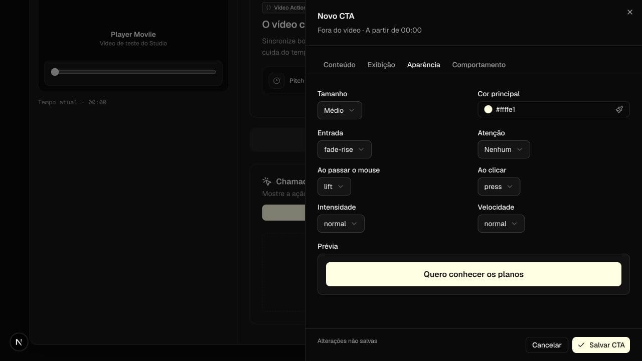 Pantalla real de Moviie con apariencia, efectos y vista previa del CTA
