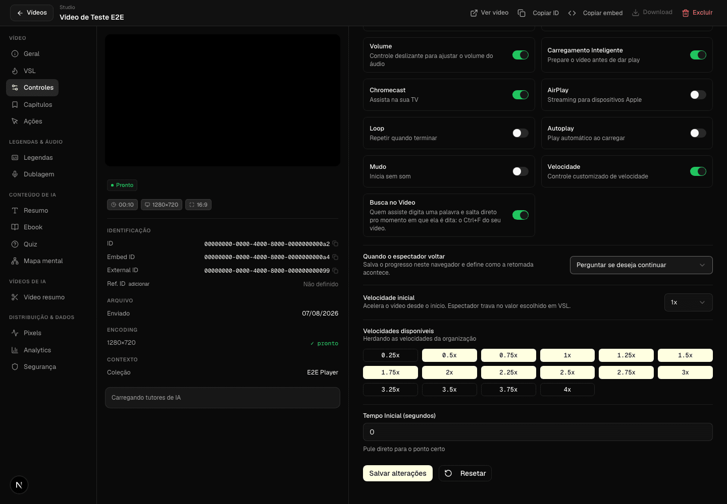 Studio da Moviie na aba Controles, com a opção Quando o espectador voltar configurada para perguntar se deseja continuar