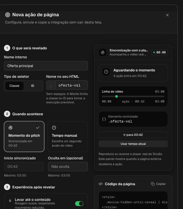 Action form with class, manual timing, and timeline synchronized with the player