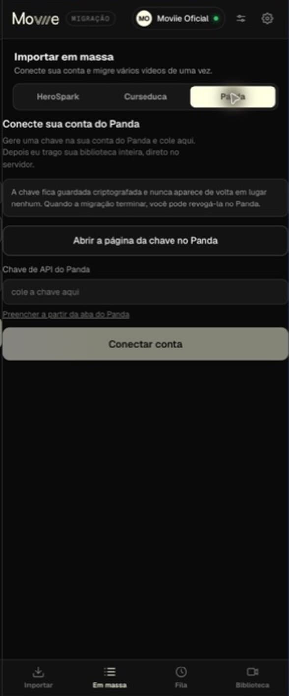 Tela real da extensão Moviie na aba Panda, pronta para receber a chave de API sem exibir nenhuma credencial