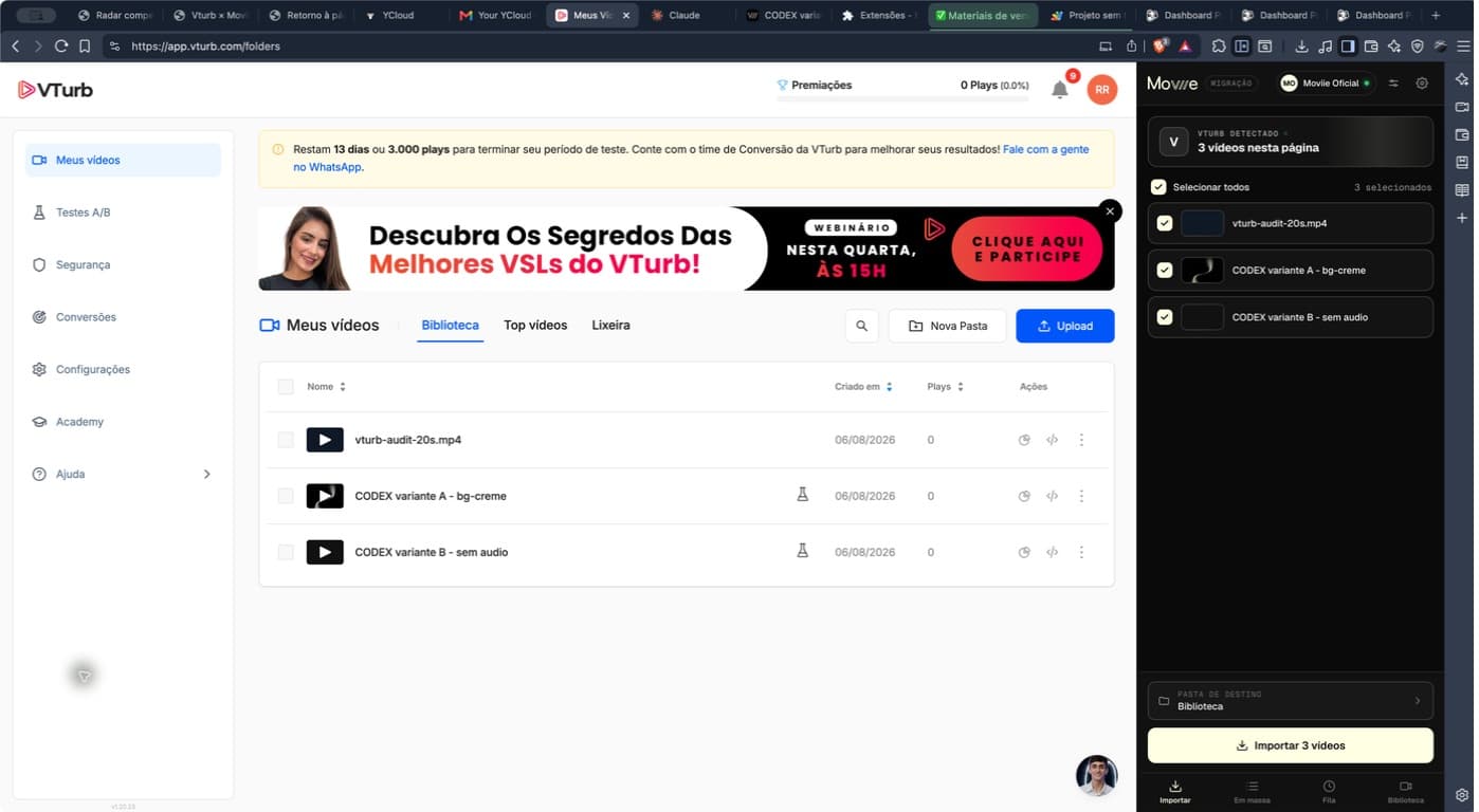 A real VTurb library with three videos detected and selected in the Moviie extension side panel