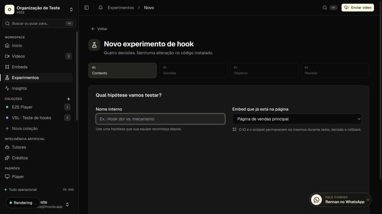 Etapa Contexto do assistente de teste de hooks, com nome interno e seleção do embed