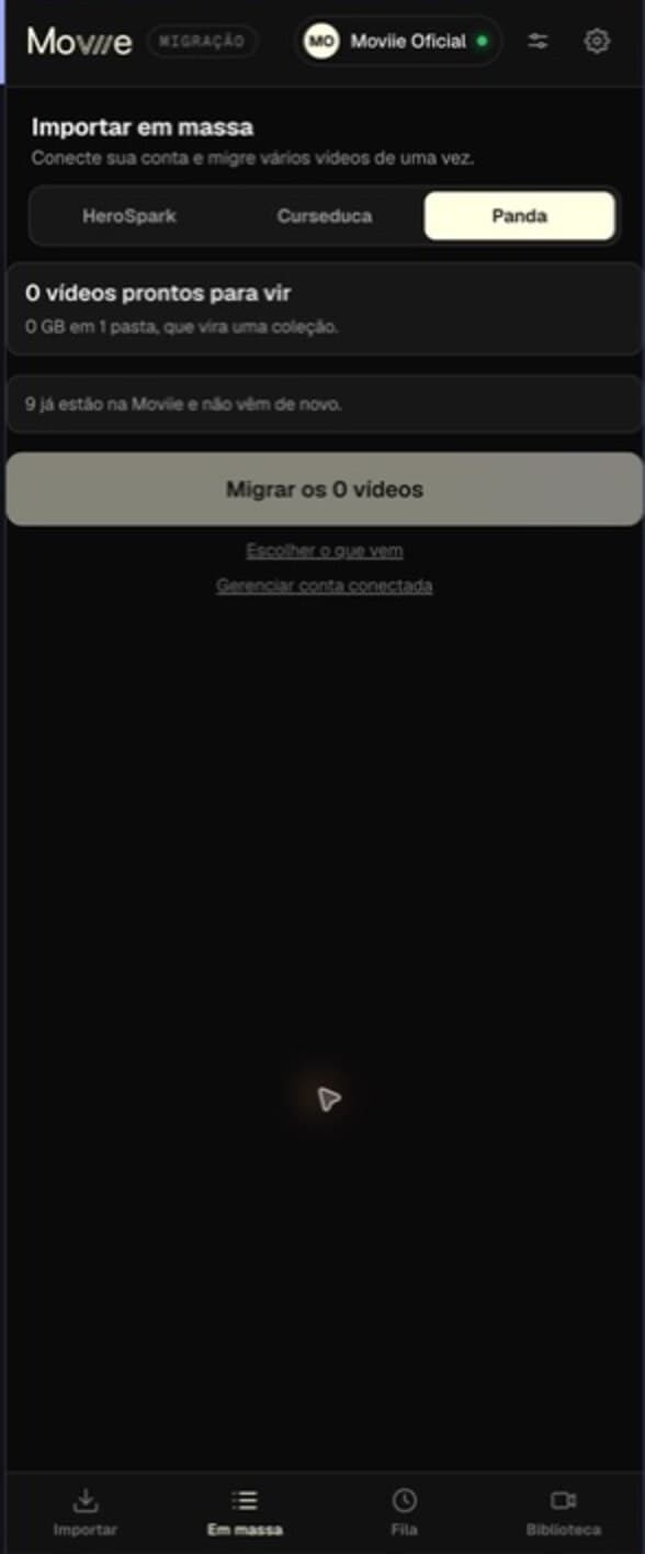 Biblioteca Panda depois da migração, mostrando os nove vídeos já presentes na Moviie e bloqueando uma nova transferência duplicada