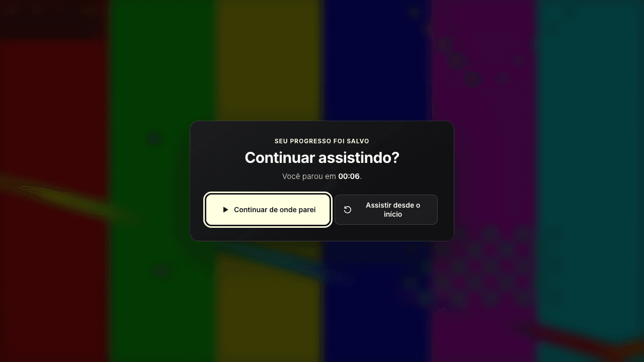 Tela do player em desktop perguntando se a pessoa quer continuar de onde parou ou assistir desde o início