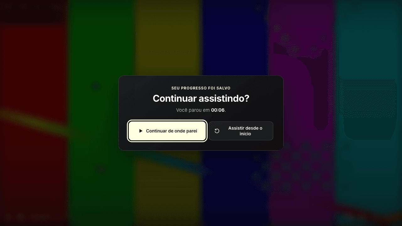 Tela do player em desktop perguntando se a pessoa quer continuar de onde parou ou assistir desde o início