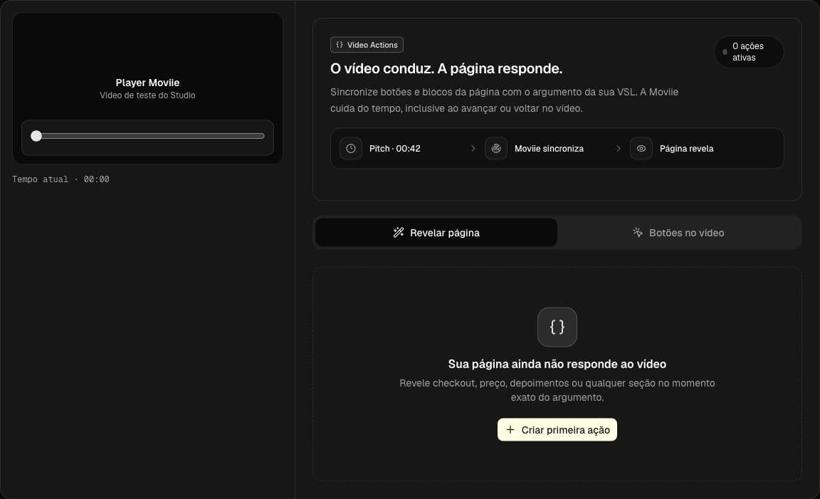 Moviie Studio Actions screen with the real player and the Create first action button