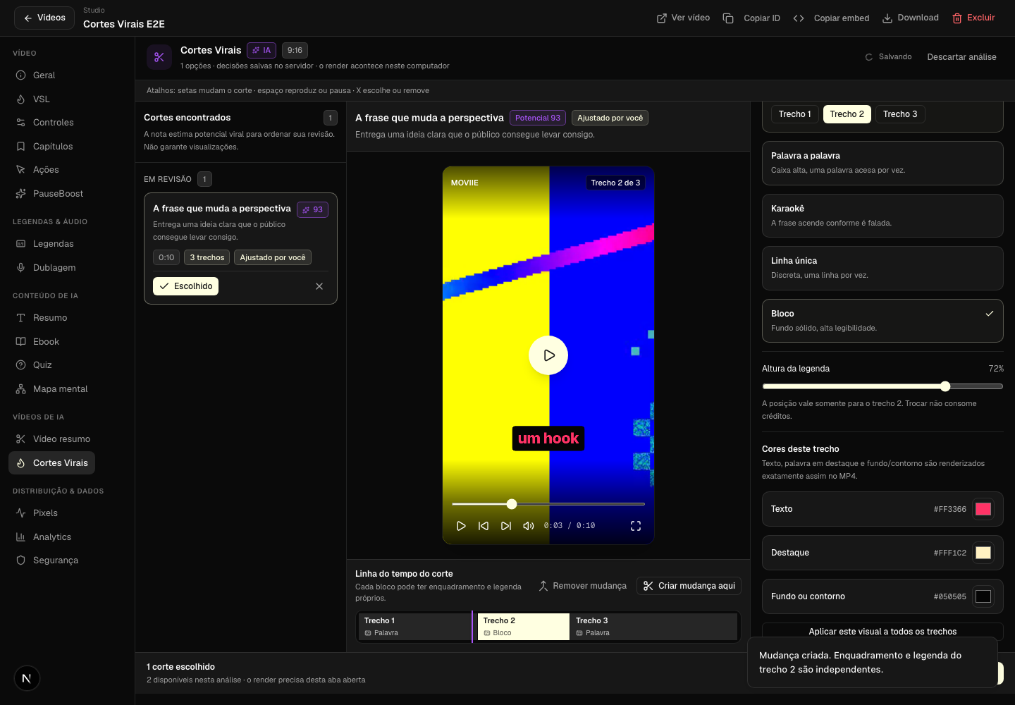 Painel de legenda do trecho com estilo Bloco e controles de cor do texto, destaque e fundo
