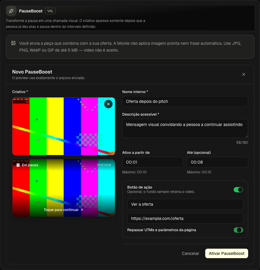 Configuración de PauseBoost con creativo, descripción accesible, intervalo y botón de acción